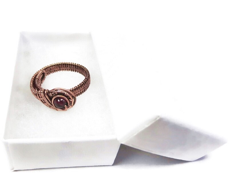 Garnet Adjustable Ring, Woven in Copper Wire