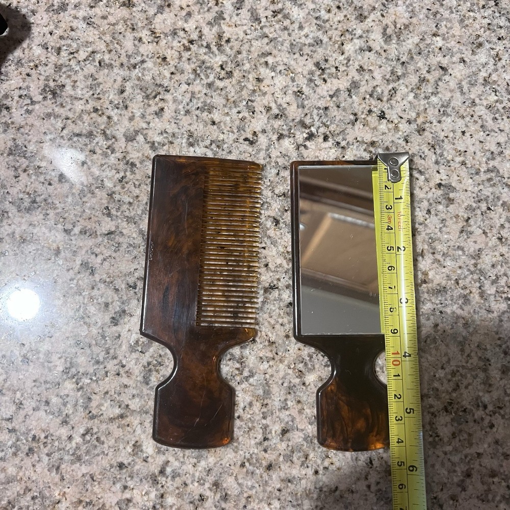 Vintage Tortoiseshell pattern Comb and Mirror Set w/ case 1980’s