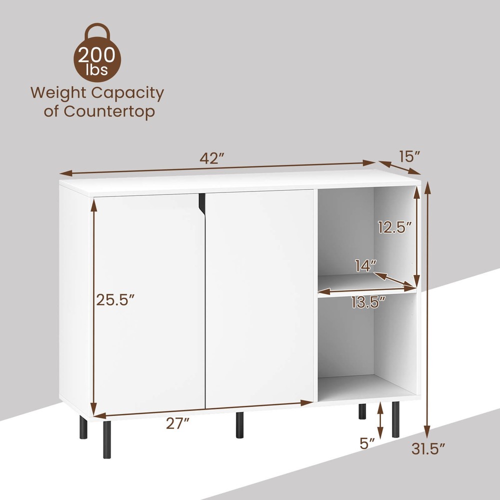 Kitchen Sideboard Buffet w/ Adjustable Shelves 2 Doors Sturdy Metal Legs White