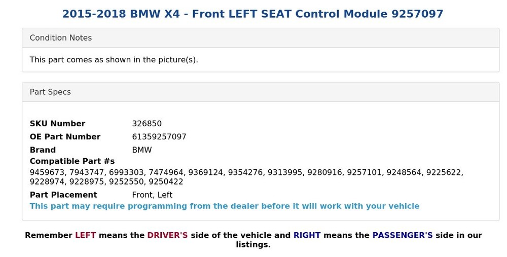 2015-2018 BMW X4 - Front LEFT SEAT Control Module 9257097