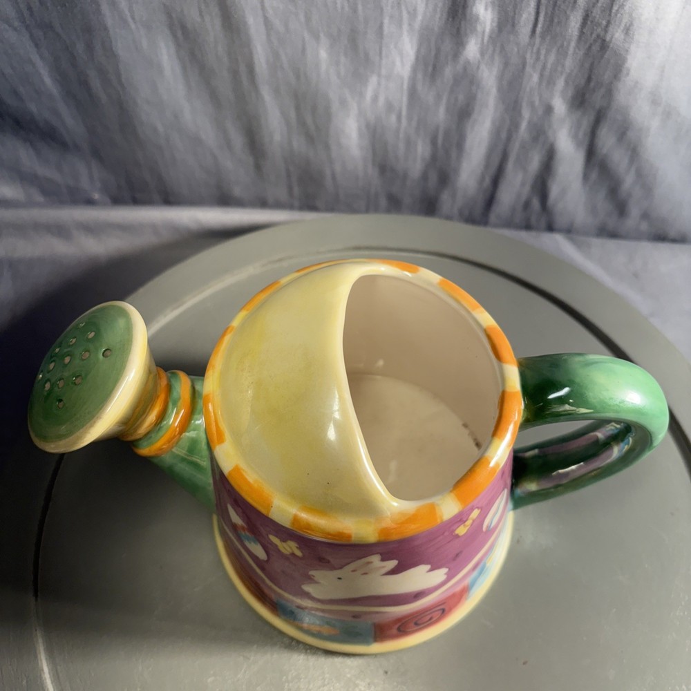 Vtg Watering Can or Planter 6.5" 2000 Palm Tree Ceramic Easter Bunny/Eggs Luster