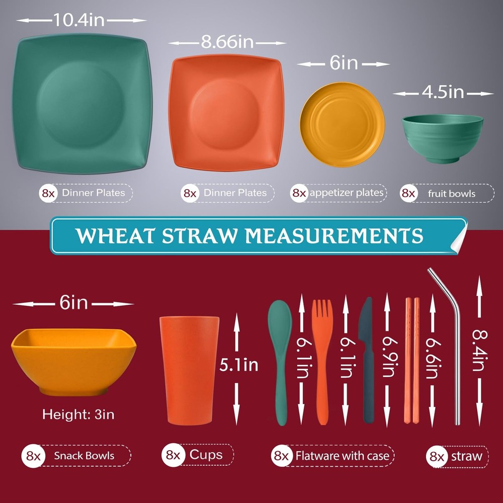88 Piece Kitchen Plastic Wheat Straw Square Dinnerware Sets for 8