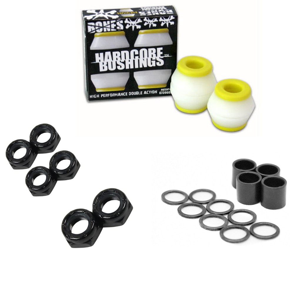 Bones Skateboard Yellow/White Medium Bushings + Axle, Kingpin Nuts and Speed Kit
