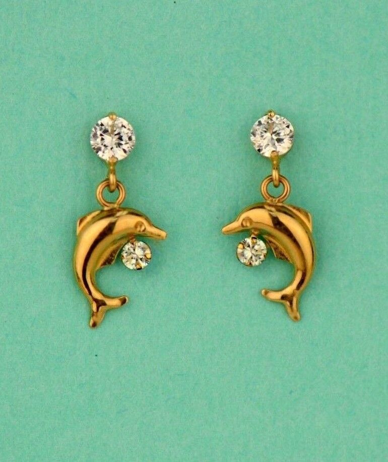 14k Yellow Gold CZ Dolphin Stud Earring