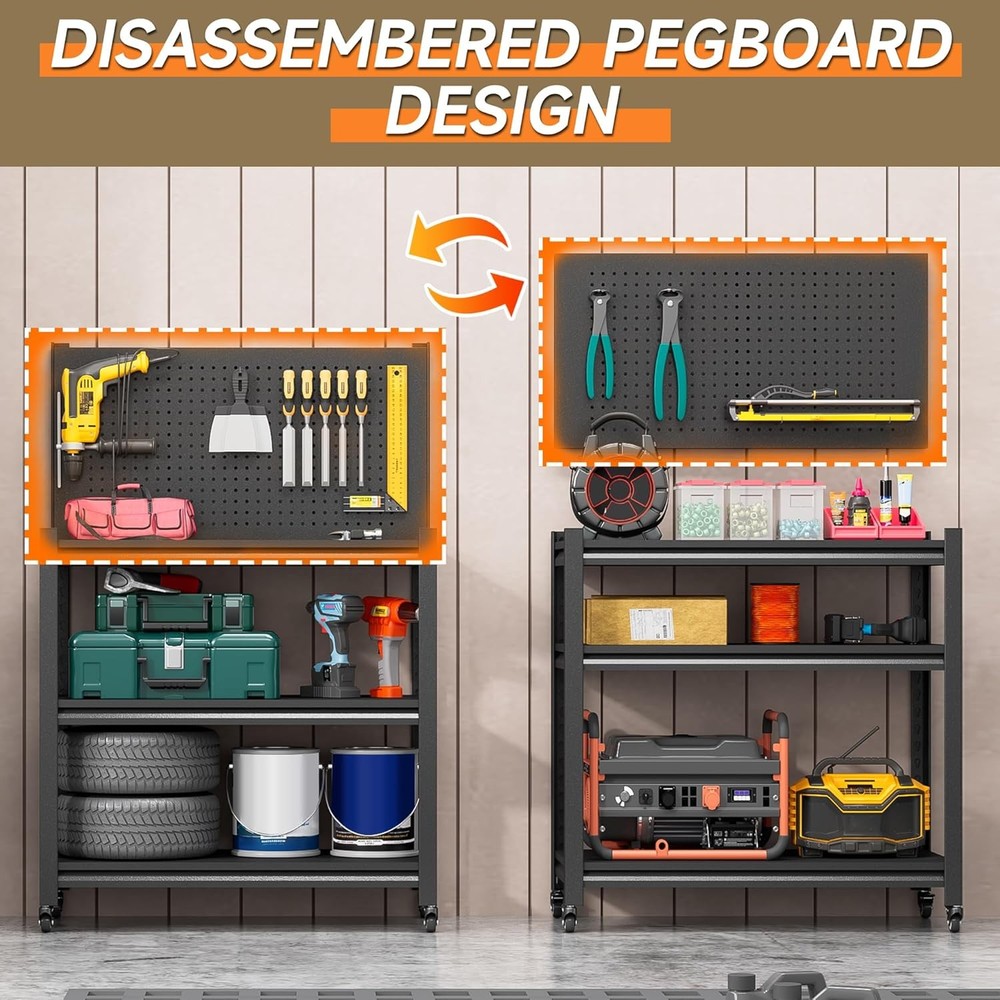 Workbench Pegboard, Adjustable Heavy Work Table Wheels,48" x 18" x 34",Black