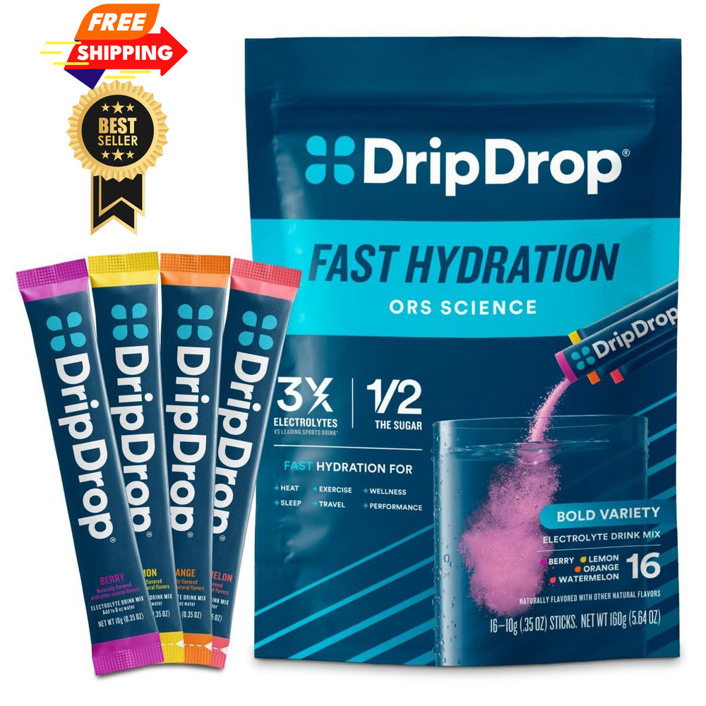 DripDrop Hydration Packets - Bold Variety Pack - Single Serve 16 Count, Blue
