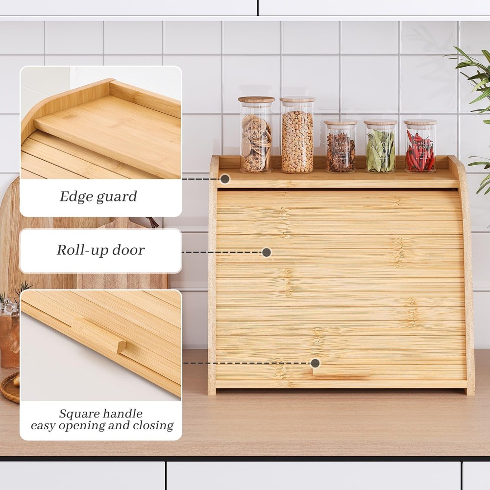 Bread Box for Kitchen Countertop, Bamboo Bread Storage, Double-Layer Roll-Top...