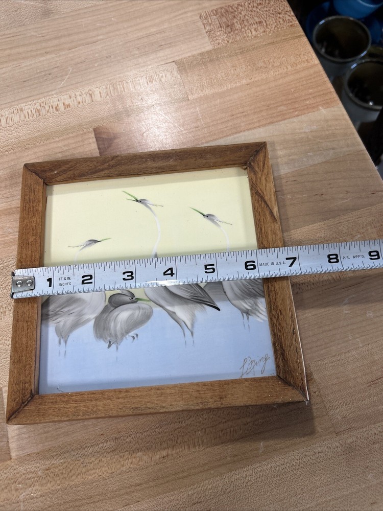 Vintage Art Tile Framed Signed Hand-Painted Cranes