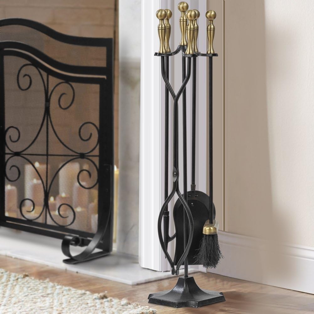 Fireplace Tools Set 5 Pcs Wrought Iron Large Fire Tool Set with Brass Handles fo