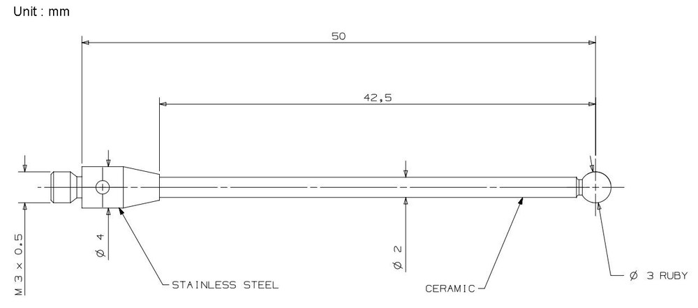 A-5003-0067 CMM Touch Probe M3 Ceramic Stem Probe Stylus 3mm Ruby Tips 50mm Long