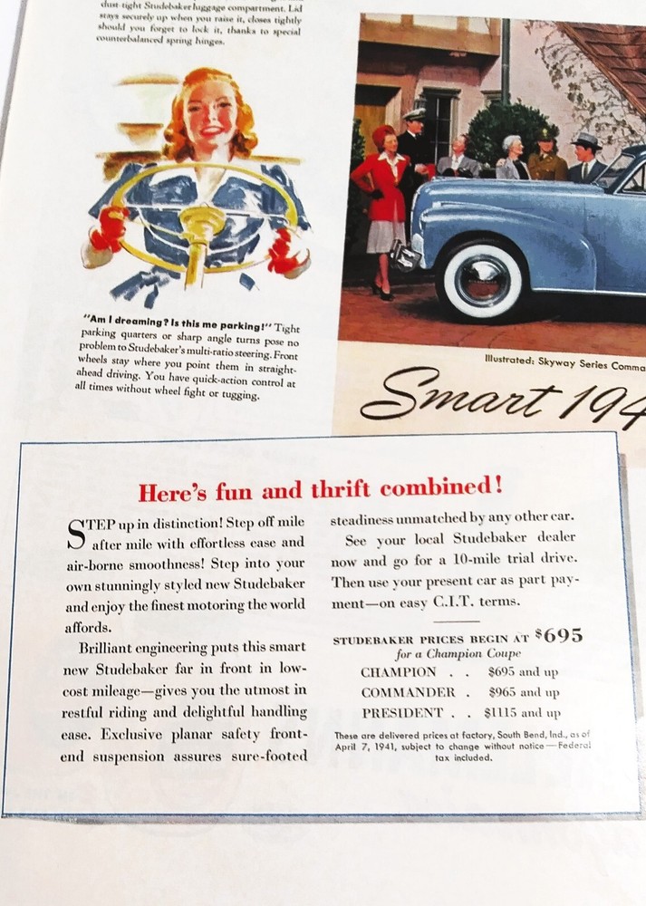 1941 Original Studebaker Magazine Ad, Skyway Commander, Fun & Thrift Combined