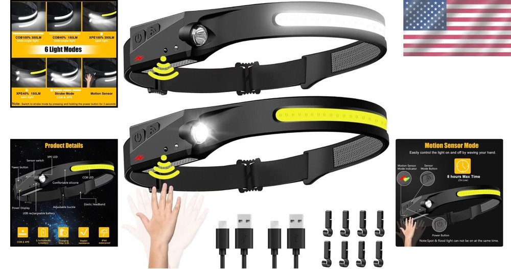 Rechargeable Headlamp 2 Pack - 230° Wide Beam Spotlight