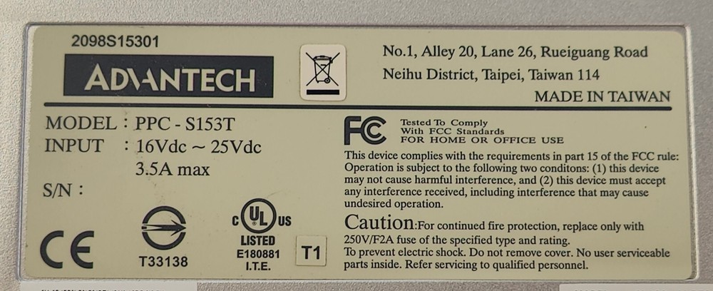 Advantech PPC-S153T Industrial Touchscreen Computer (No AC Adapter)
