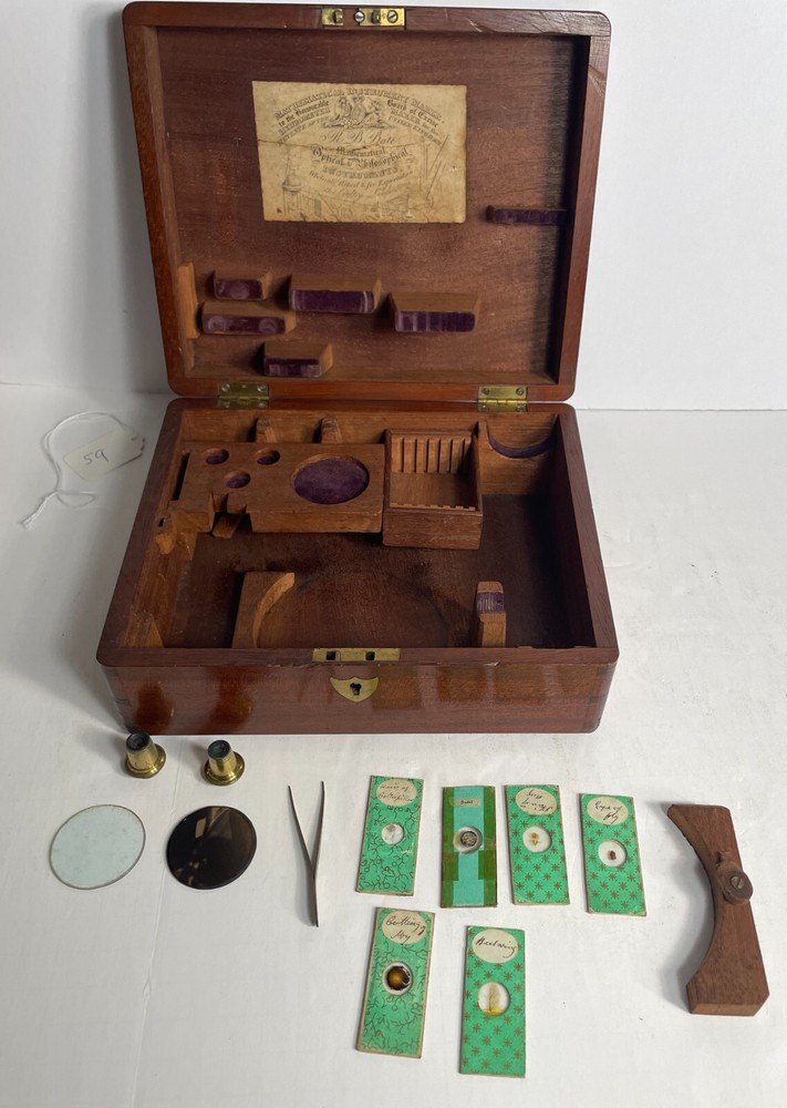 Signed Robert Brettell Bate Antique Microscope with case and accessories