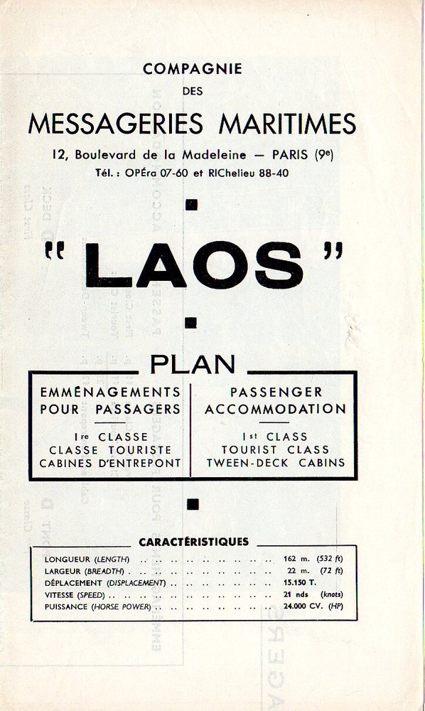 Messageries Maritimes LAOS Color-Coded Deck Plan w/ Large Interior Photos