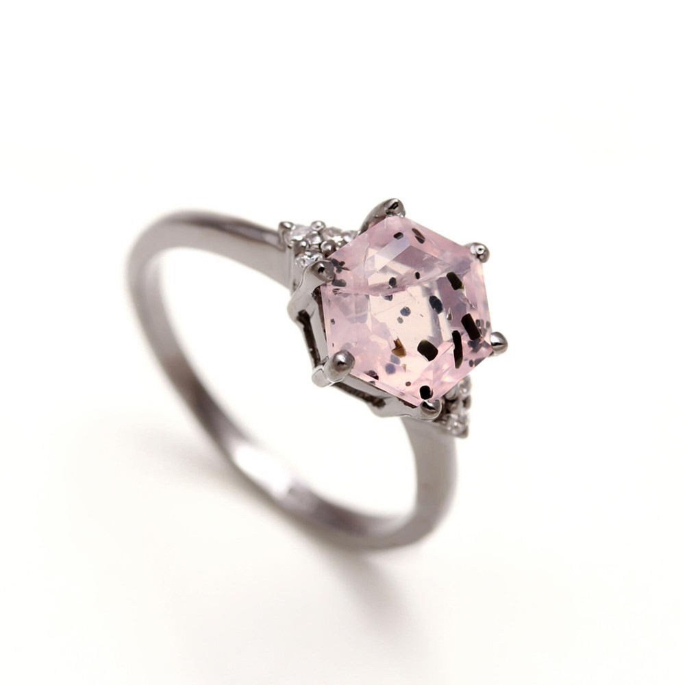 Pink Dot Quartz Hexagon Ring Solid  Silver Black Oxidized Vintage Jewelry