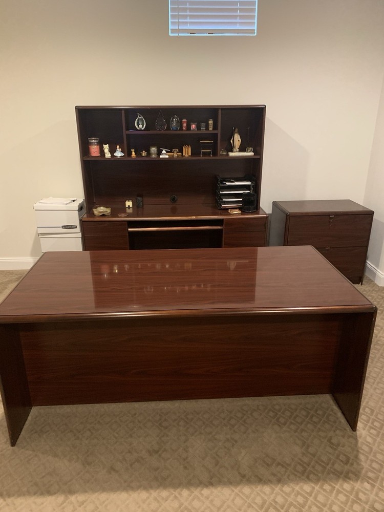 Wood Finish Rectangular Office Desk with Hutch and Matching File Cabinet