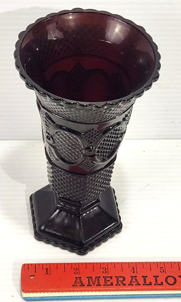 Vintage Avon Ruby Red 1876 Cape Cod Collection Glass 8" Flower Vase Footed