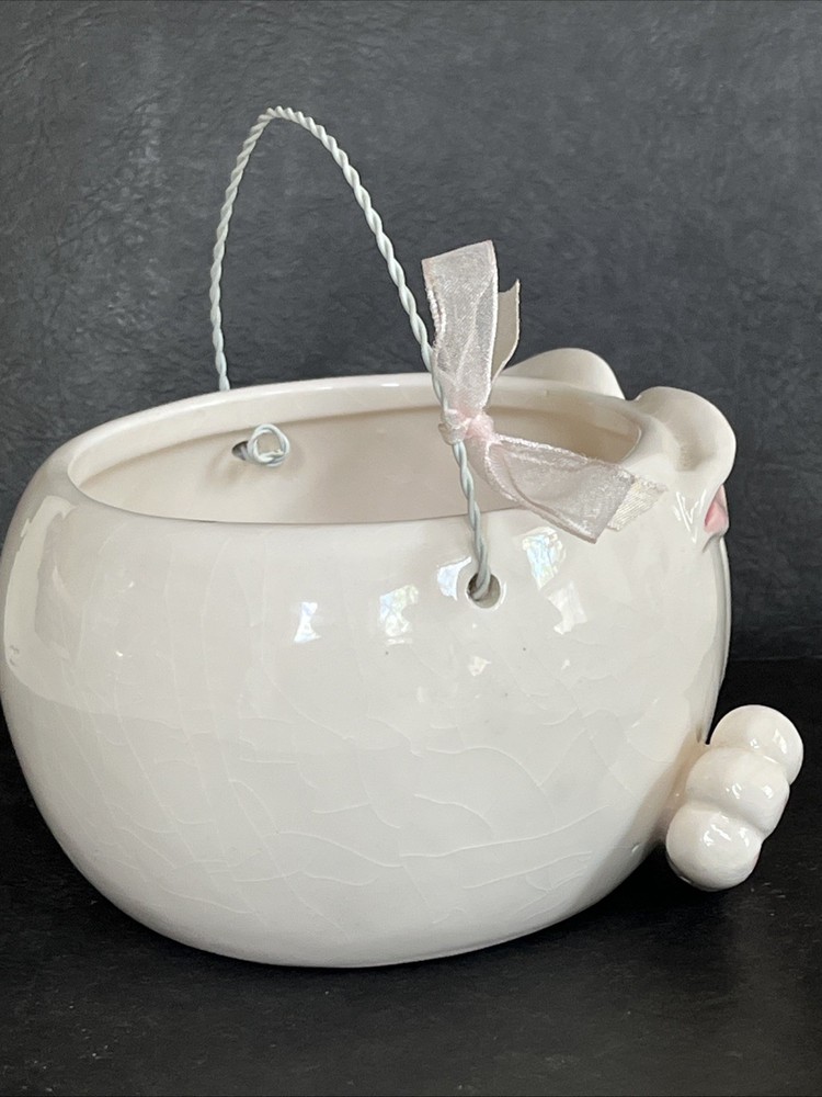 Bunny Rabbit Ceramic Round Candy Dish, Wire Handle, White W/ Pink & Black, Cute!