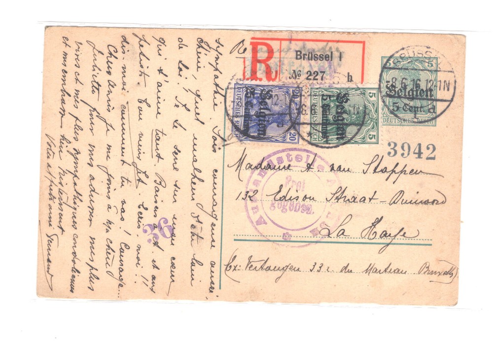 Belgium,  German  occupation postal  card  registered