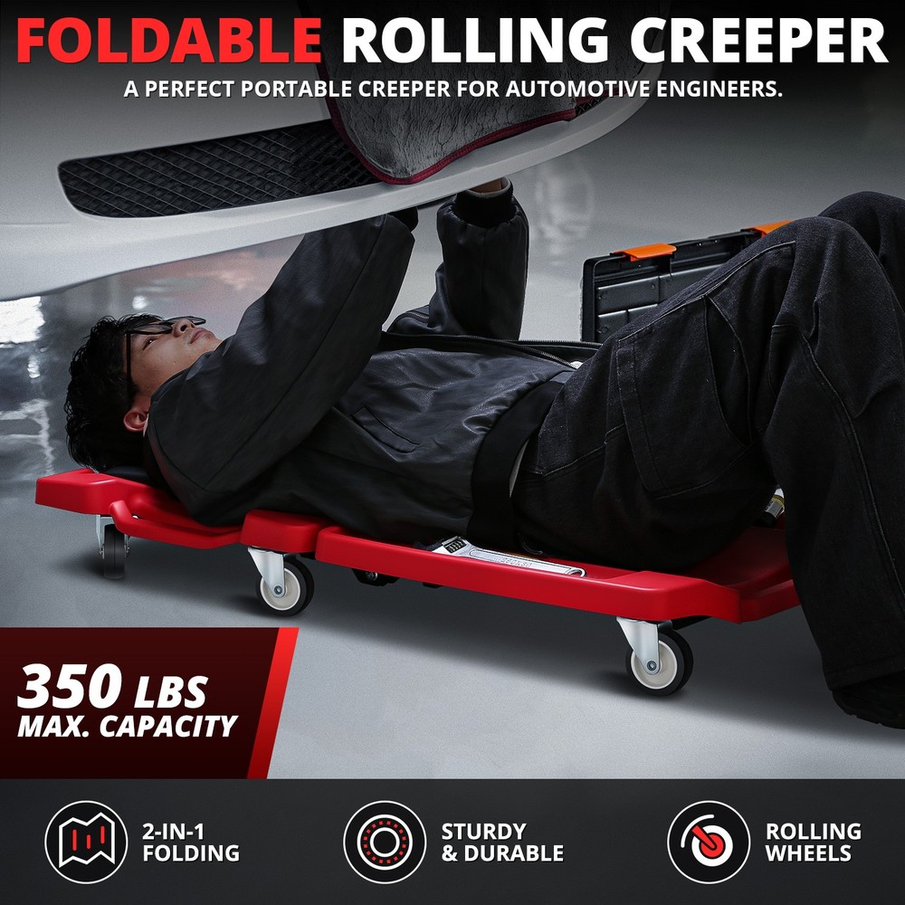 Foldable Low Profile Creeper for For Auto Mechanics Garage Stool Rolling Red