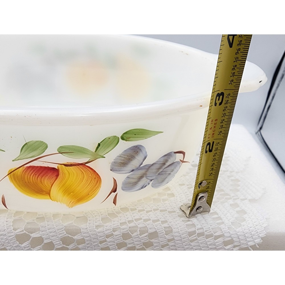 Vintage Fire King Ovenware Casserole Dish with Lid Fruit Pattern Milk Glass