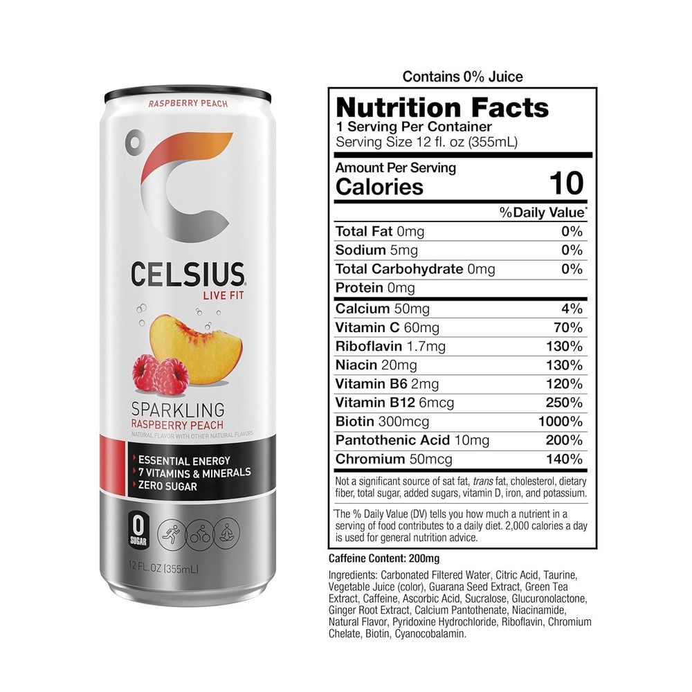 Refreshing Sparkling Raspberry Peach Energy Drink - 200mg Caffeine, 12oz Cans