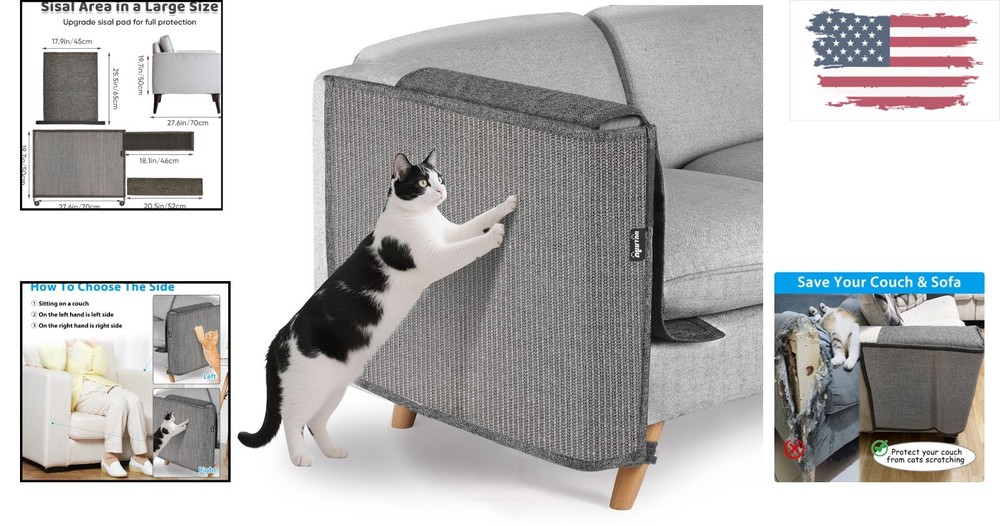 All Gray Cat Scratch Protector - Large Sisal Sofa Arm Shield for Right Side