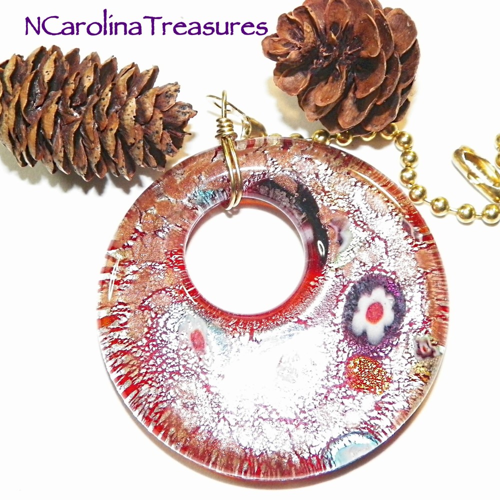 RED GLITTER CIRCLE ART GLASS CEILING FAN LIGHT SWITCH PULL CIRCULAR LARGE PAIR