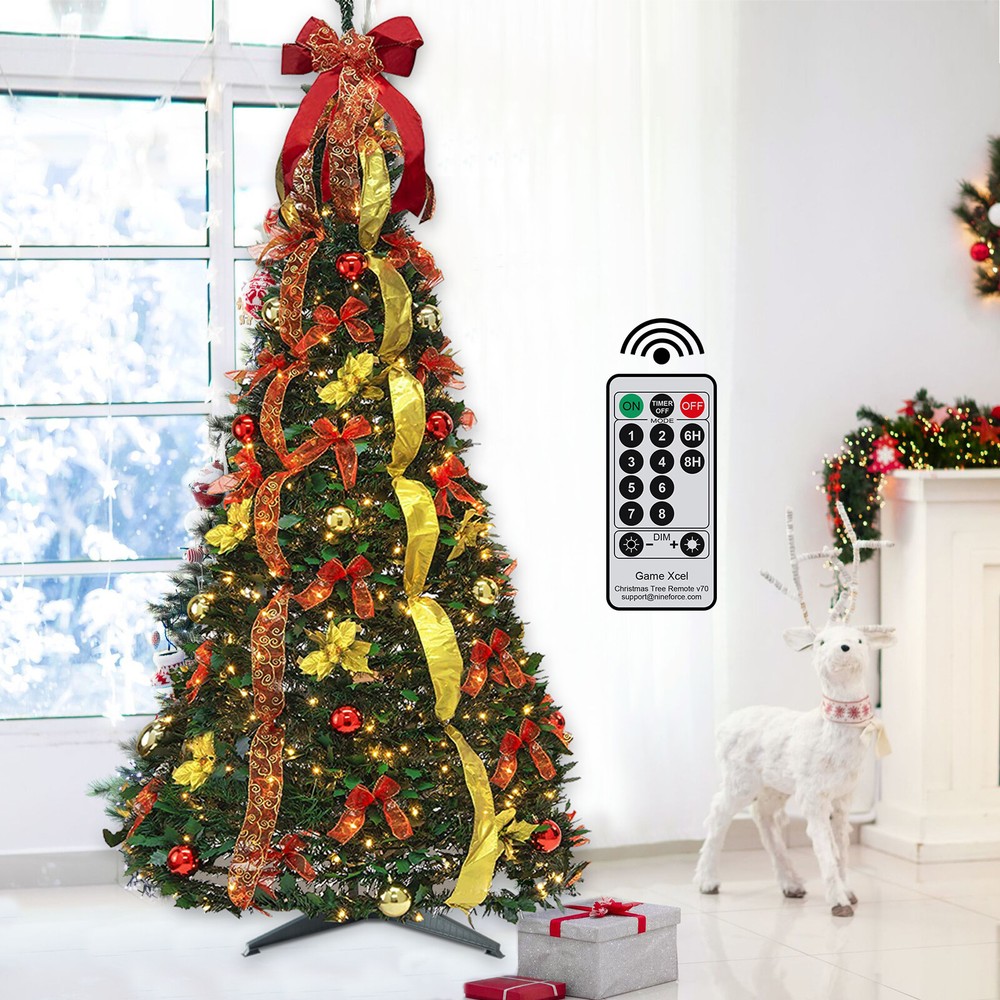 6Ft Pre-lit Christmas Tree Pull-Up Christmas Tree with Remote & 200 LED Lights