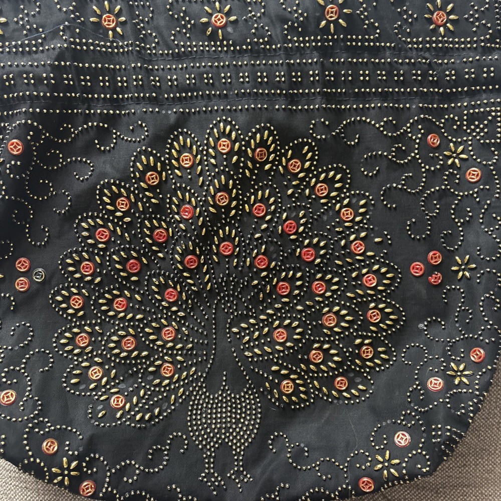 Vtg Peacock Drawstring Black Beaded Boho Hippy Purse FLAW