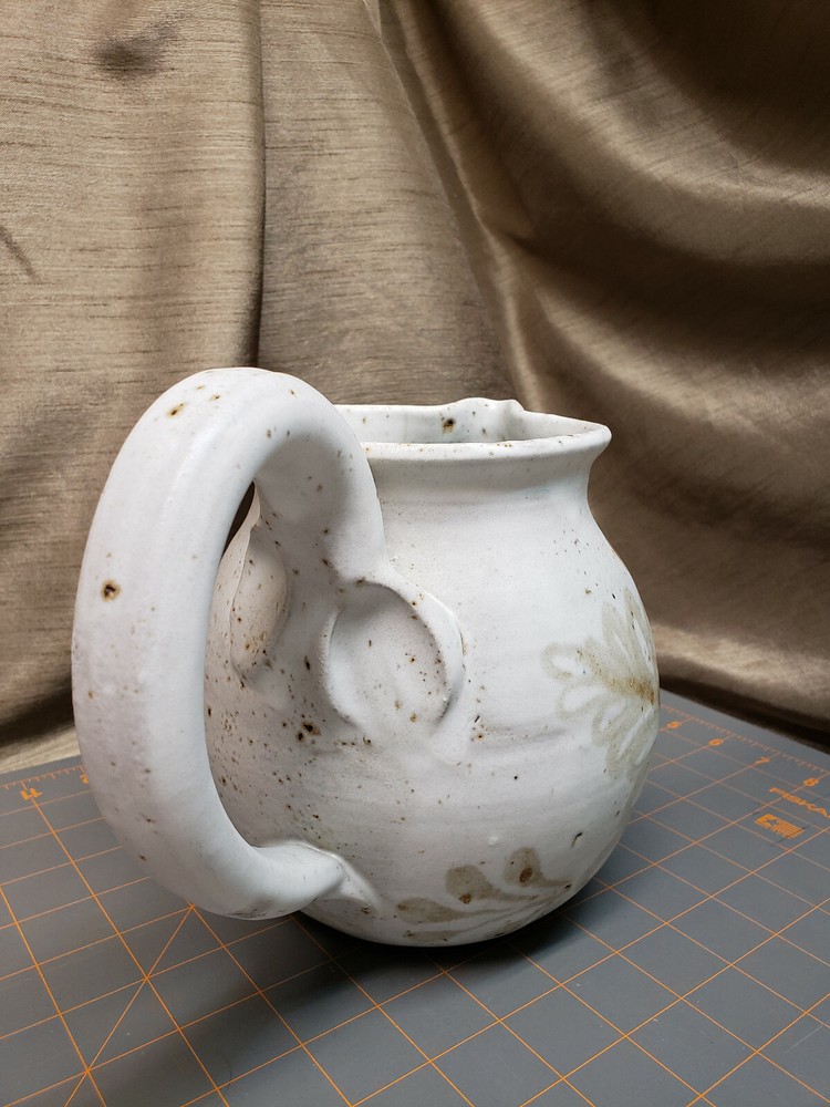 Flower Pottery Stoneware Pitcher unmarked wave big handle