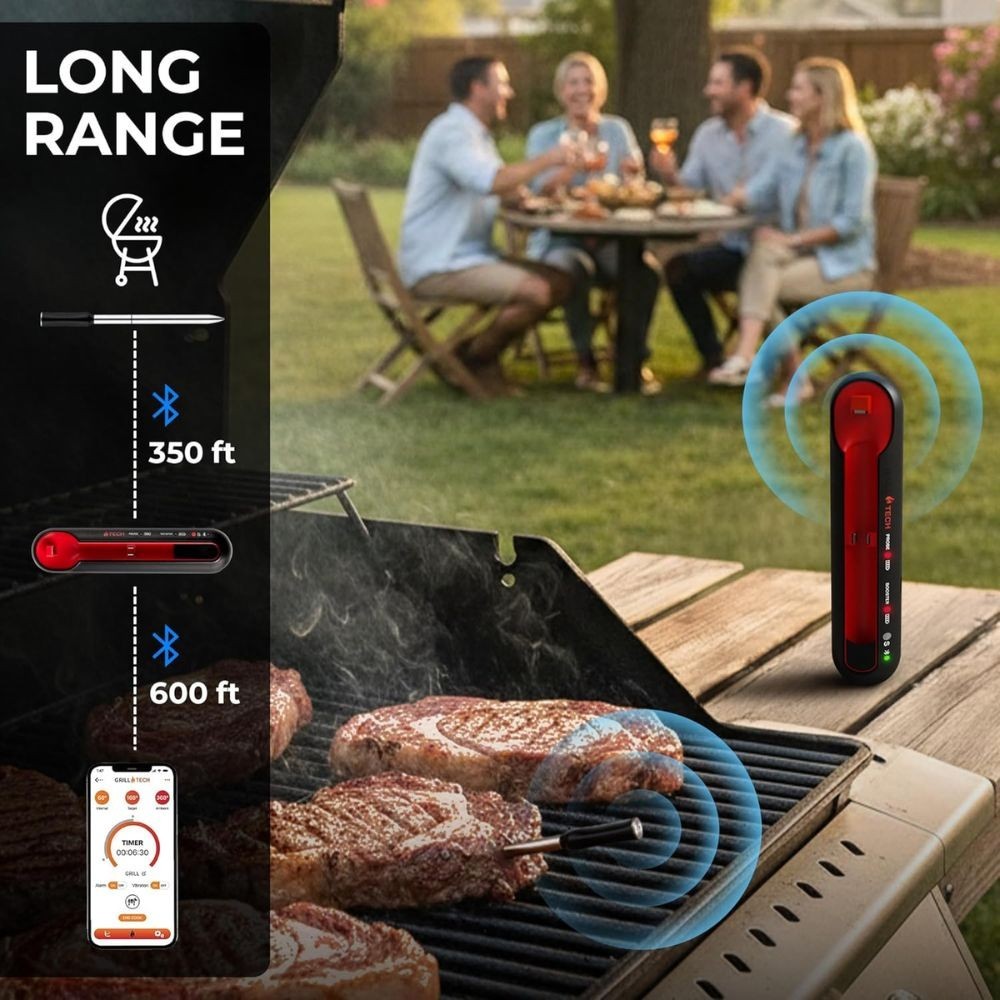 Grill Tech Bluetooth Meat Thermometer – Wireless, USB-C, Smart App