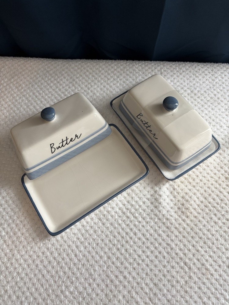 Set of 2 Ceramic Covered Butter Dishes White Blue Rectangular Striped Country
