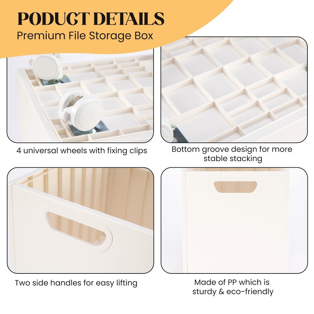 Rolling File Organizer with Wheels Stackable Storage Box Portable White