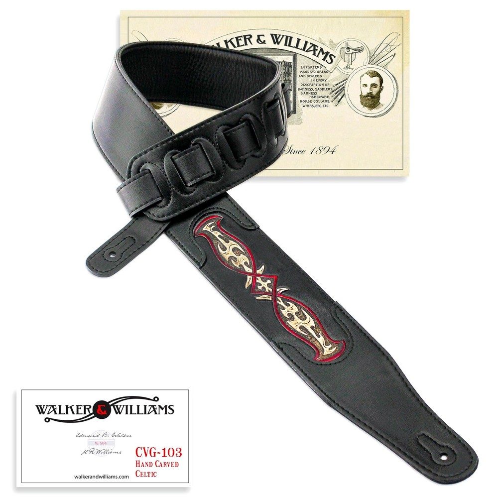 Walker & Williams CVG-103 Black Padded Guitar Strap Hand Tooled Celtic Design