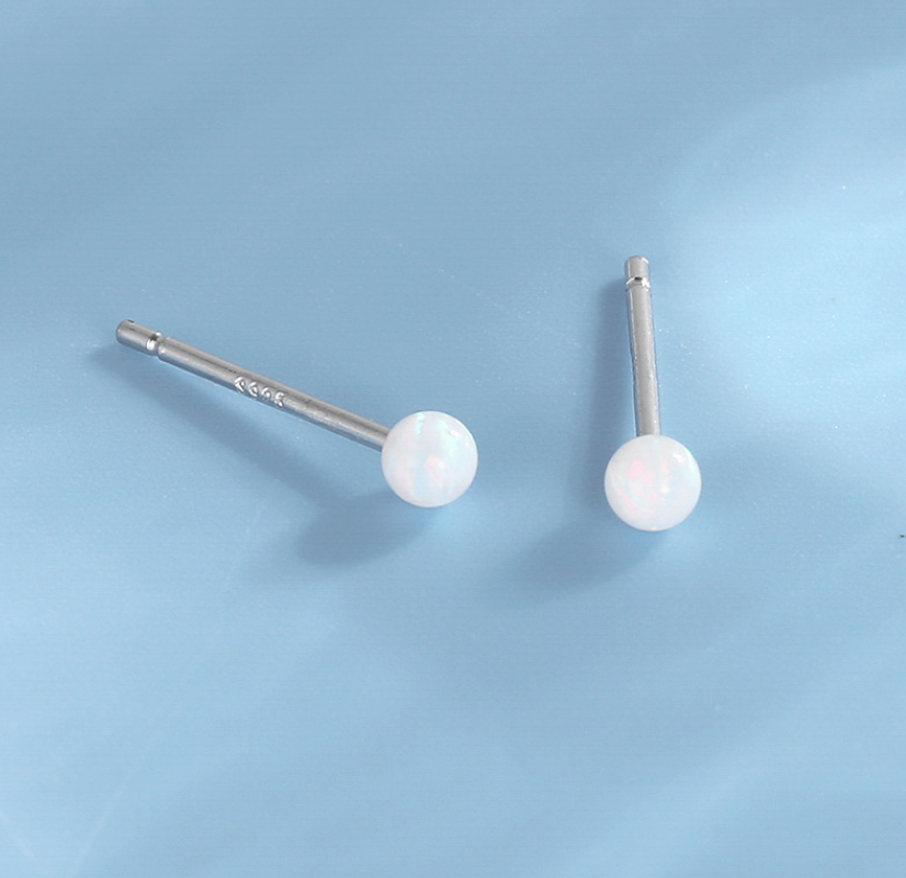 S925 Sterling Silver Tiny Round White Opal Solitaire Stud Post Earrings 3mm A36