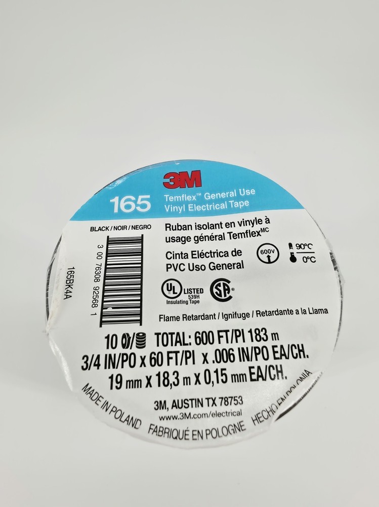 3M Temflex Vinyl Electrical Tape 165 Multi-purpose 3/4" X 60FT Black 10 Roll