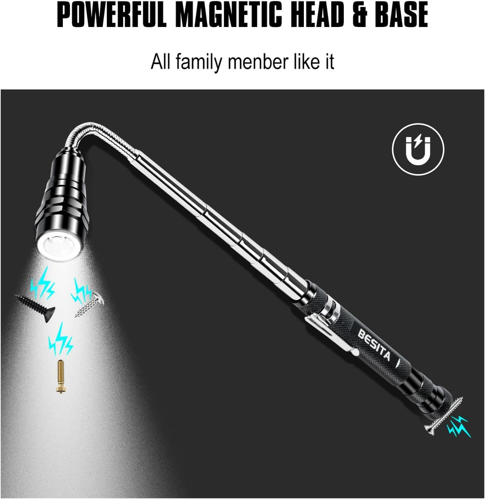 LED Magnetic Pickup Tool Telescoping Magnet Flashlight Flexible Grabber Tool