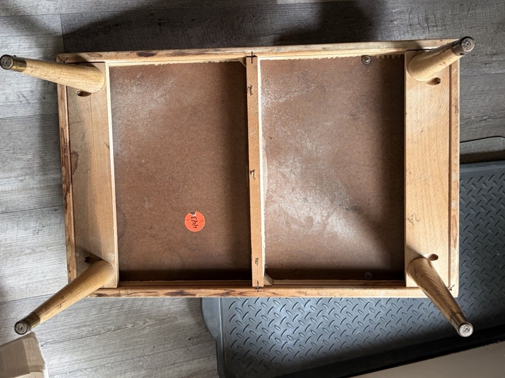 MCM Two Tier End Table Formica Top. Brass Capped Legs.