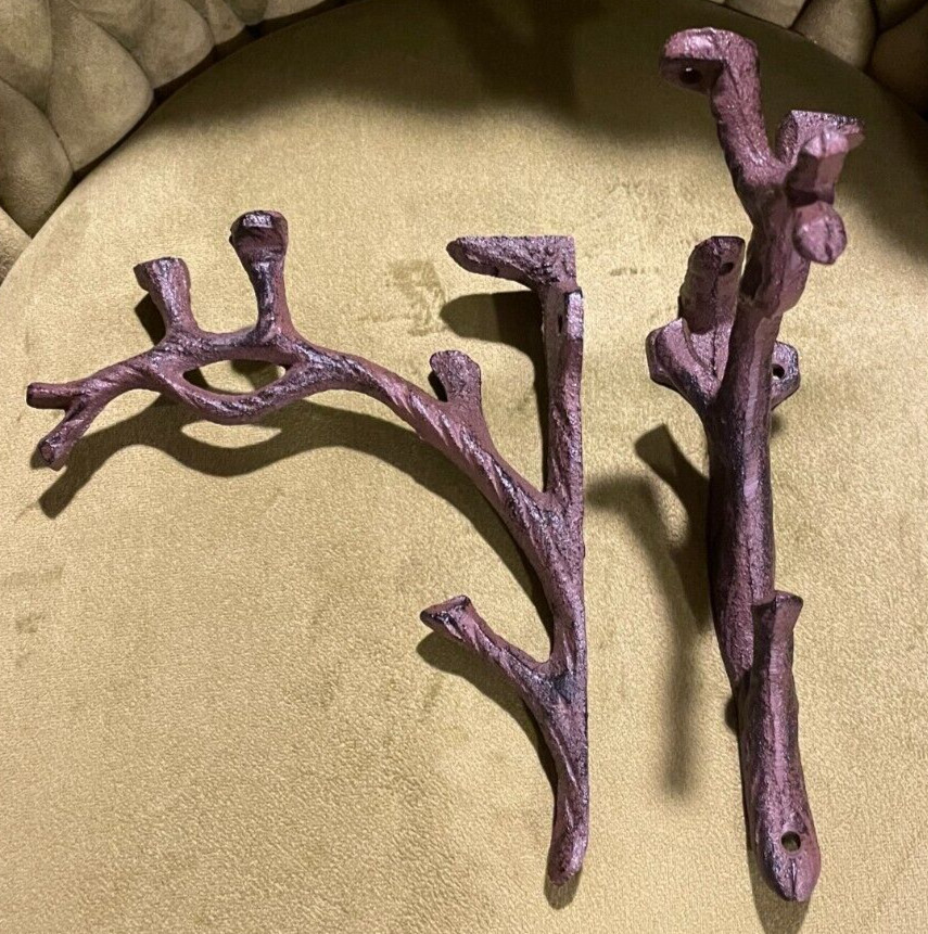 2 Rustic Cast Iron Shelf Bracket Wall Mount Hardware Brace Tree Branch Sculpture