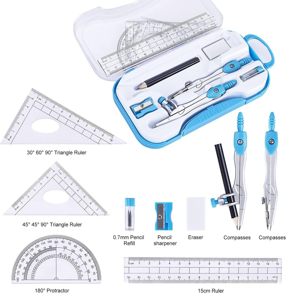 Math Geometry Kit Set 10 Pieces with Shatterproof Storage Box, Student Blue