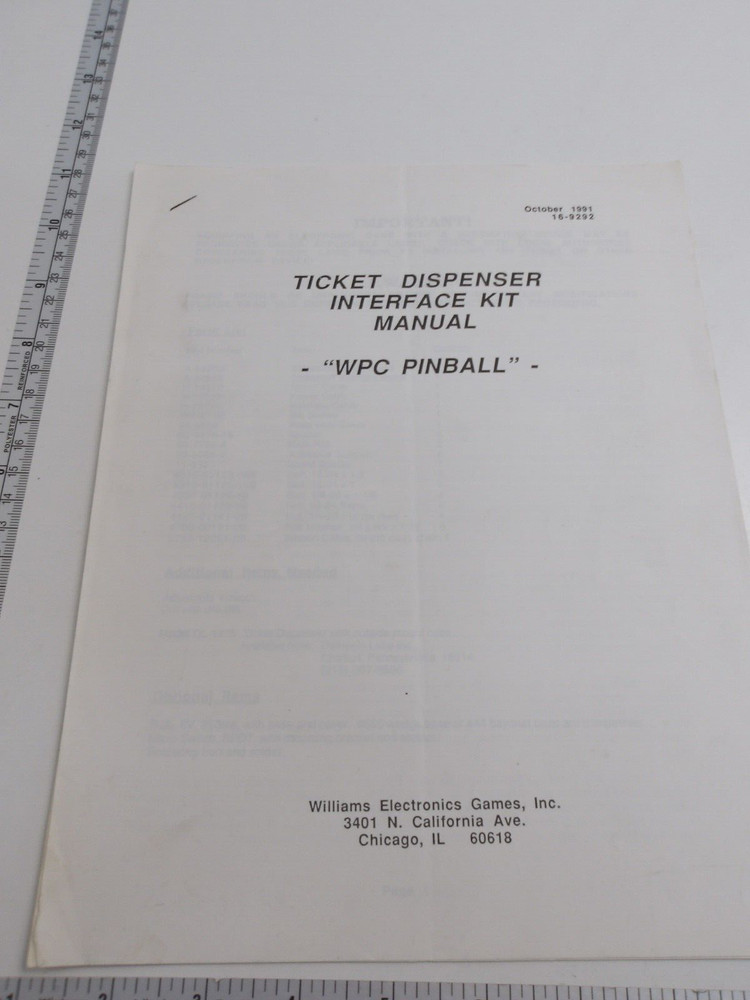 Williams: - WPC Pinball - Ticket Dispenser Interface Kit Manual - NOS