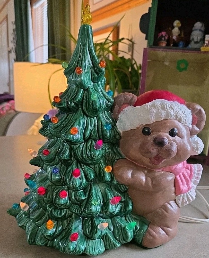 Vintage Ceramic Mold Teddy Bear Holding Christmas Tree w/ Base Light Works