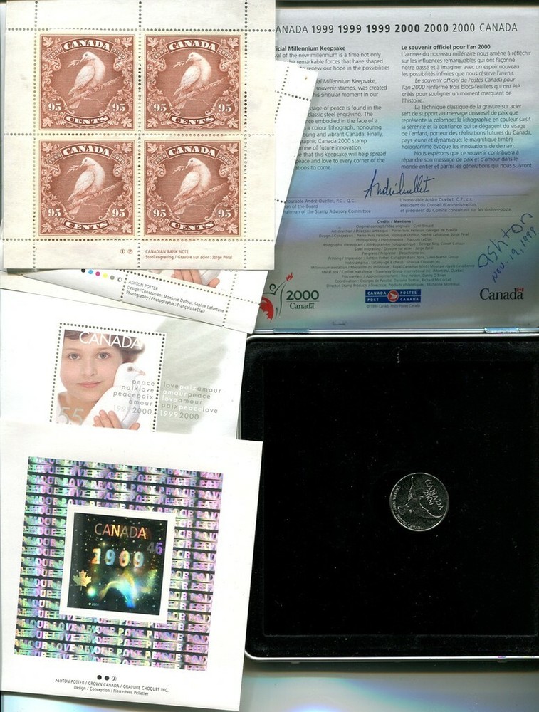 1999 2000 CANADA 5 MINI SHEET STAMP AND COIN GOVERNMENT SET