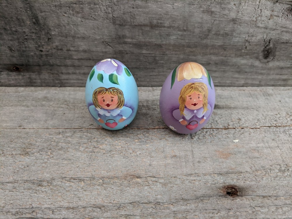 Pair of Hand Painted Wooden Spring Time Easter Eggs