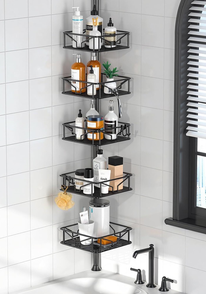 Adjustable Corner Shower Basin Organizer with Hooks,Rustproof Tension Rods