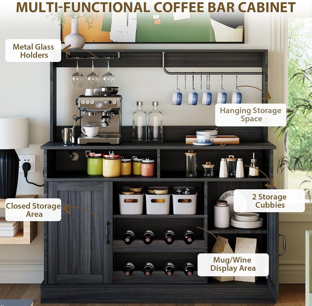 47'' Buffet Sideboard - Power Outlets,Storage,Wine Racks, Goblet Holder, Hooks