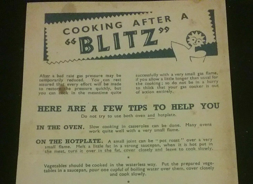 WW2 LEAFLET POSTER ON COOKING AFTER A BLITZ , HISTORY , BLITZ , SOUVENIR GIFT