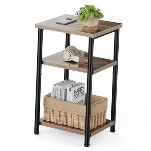End Table 3-Tier, Small Side Table Nightstand with Storage 1-Pack Modern Grey